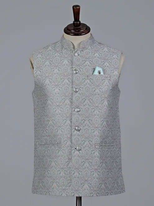 Mint green zari printed brocade waistcoat