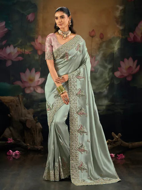 Mint green ziraf silk wedding wear saree