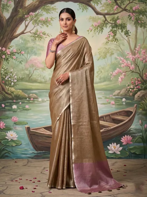 Mocha brown festive tissue silk saree