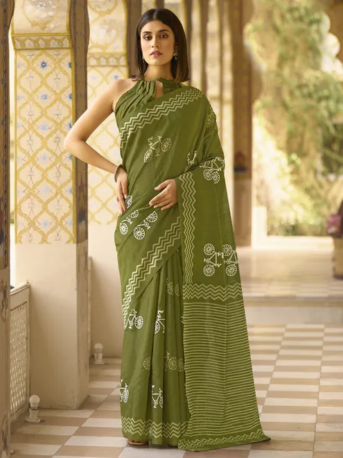 Mocha green printed saree in bhagalpuri silk