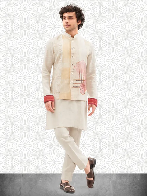 Modern cream printed cotton waistcoat set for men