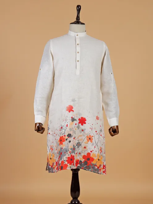 Modern light cream cotton kurta with prints