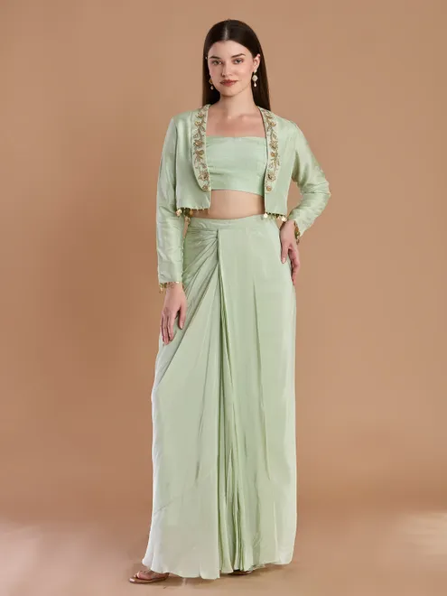 Modern sage green crepe designer jacket skirt ensemble