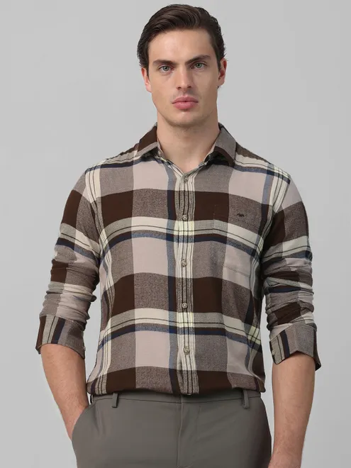 MUFTI coffee checkered shirt in cotton fabric