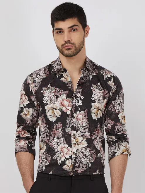MUFTI  flashy brown printed cotton shirt
