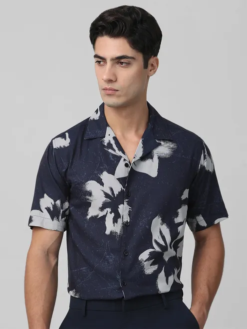 MUFTI navy cotton printed shirt with half sleeves