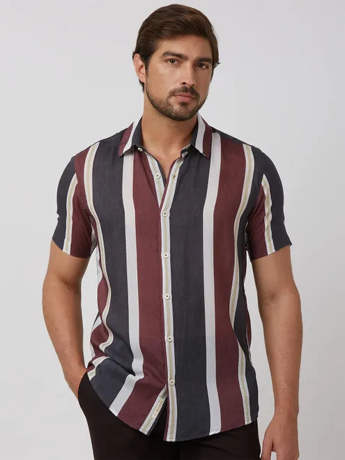 MUFTI navy cotton stripe pattern slim fit shirt