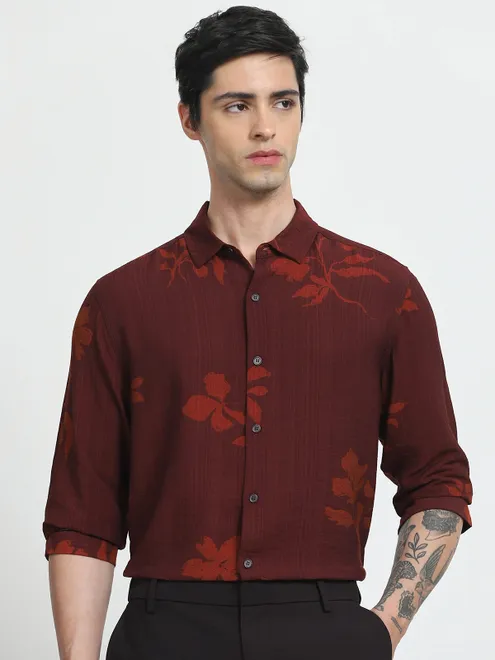 MUFTI printed marron casual wear mens shirt