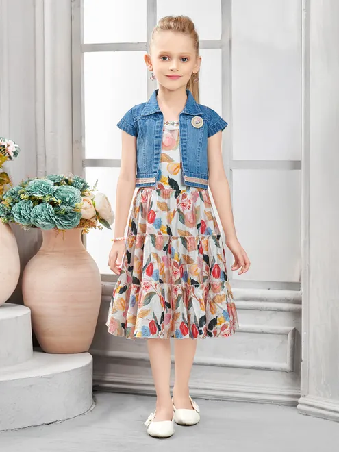 Multi color cotton silk frock with denim jacket