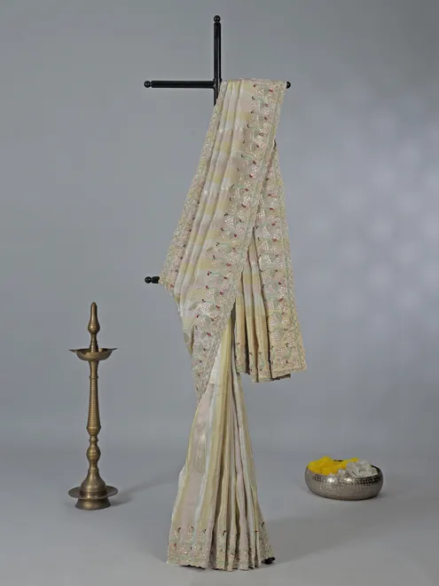 Multi color dola silk saree with zardosi work