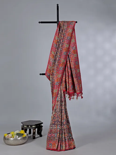 Multi color pashmina silk saree with thread work