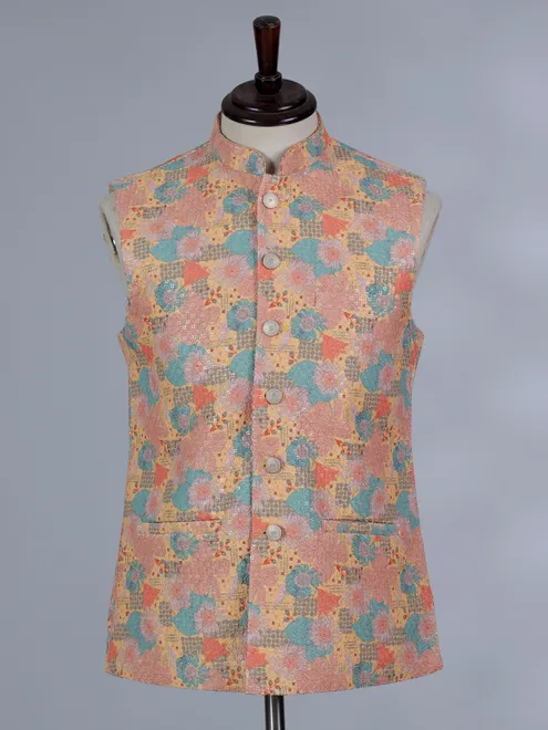 Multi-color printed cotton silk waistcoat with thread work