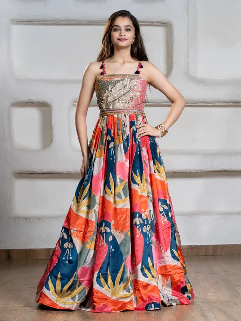 Multi color printed floor length gown