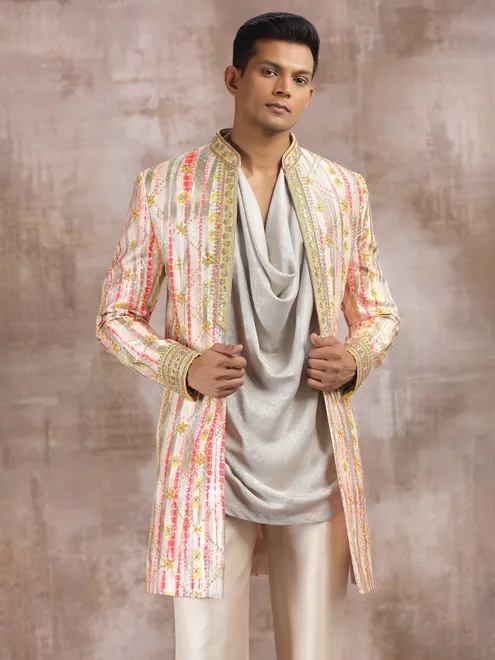 Multi color printed silk indo western with resham work