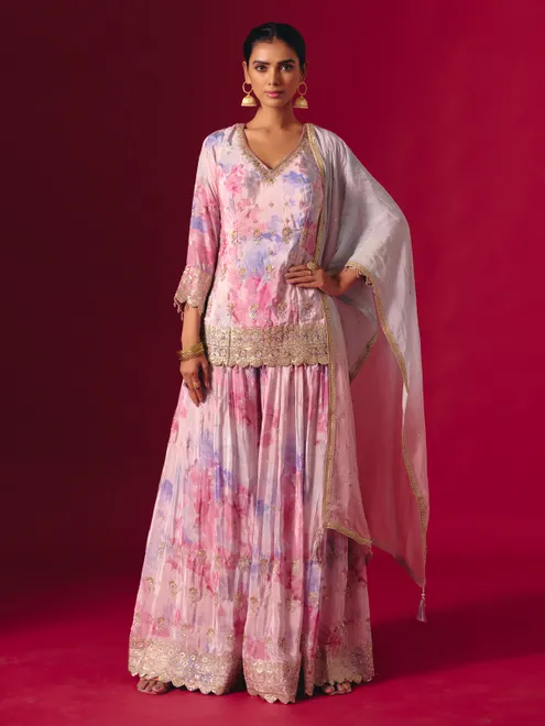 Multi color satin silk printed dupatta palazzo suit