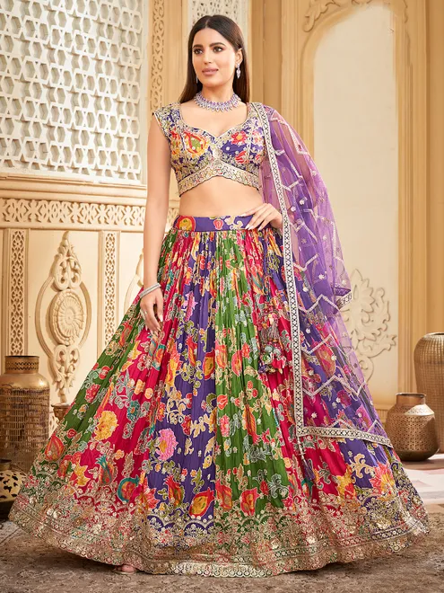Multi color silk lehenga choli with zari resham work