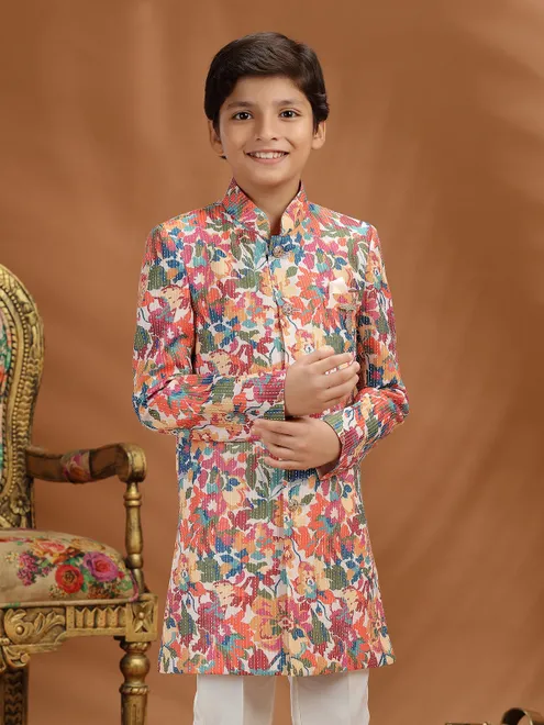 Multi color silk printed indo western outfit