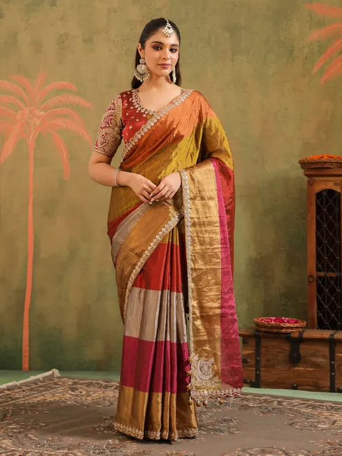 Multi color tissue silk saree with unstitched blouse