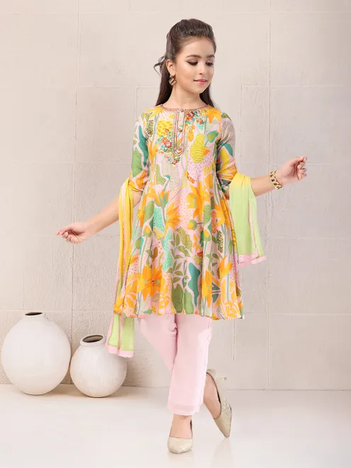 Multi colour cotton silk printed pant salwar suit