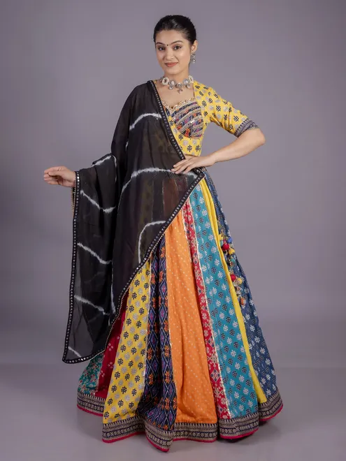 Multi colour silk lehenga choli with embroidery