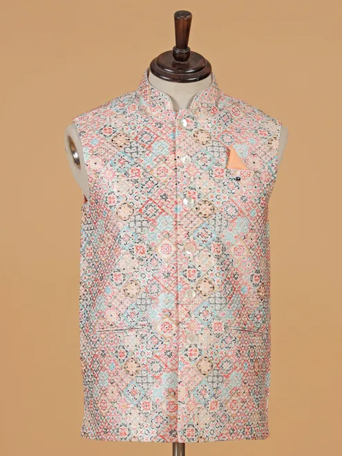 Multi coloured cotton silk waistcoat for men