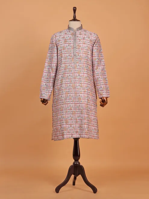 Multi coloured printed silk kurta suit for men