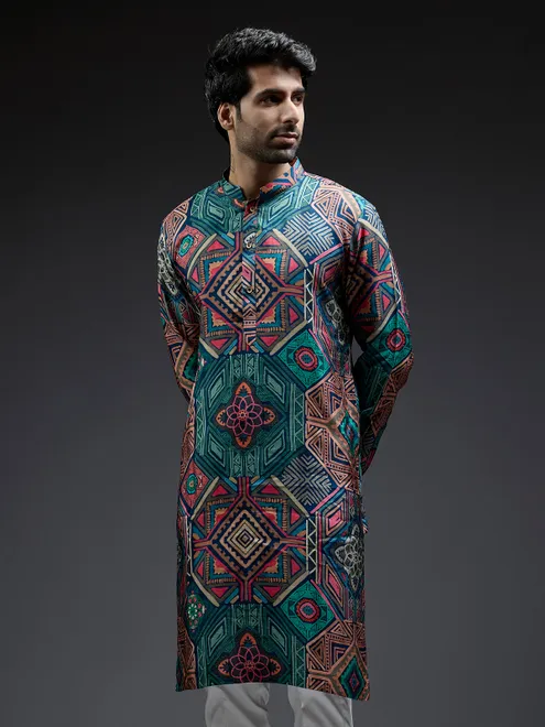 Multi coloured silk kurta suit in geometric print