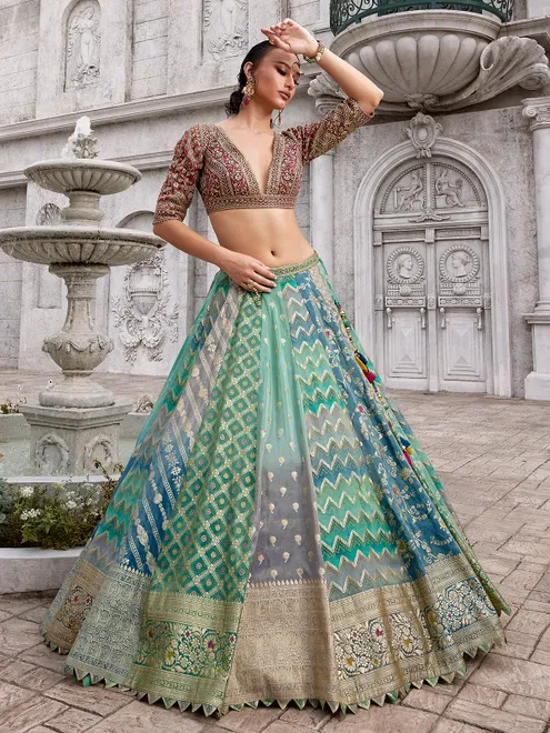 Multicolor banarasi silk lehenga choli with regal zardosi sparkle