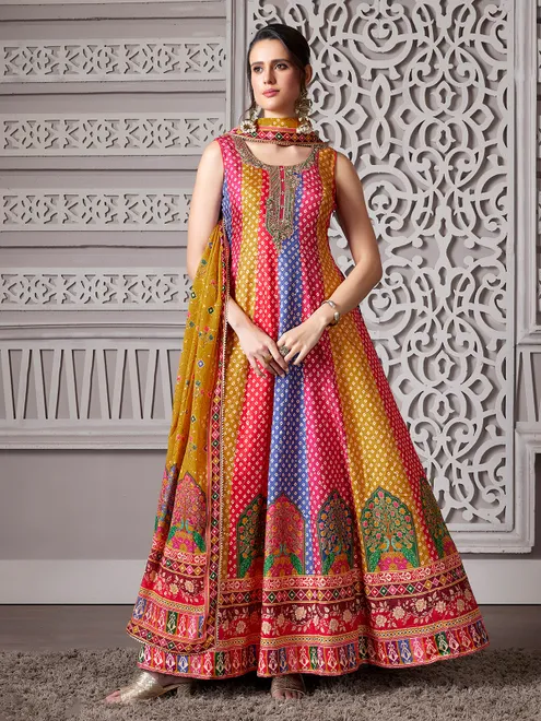 Multicolor bandhej printed anarkali suit