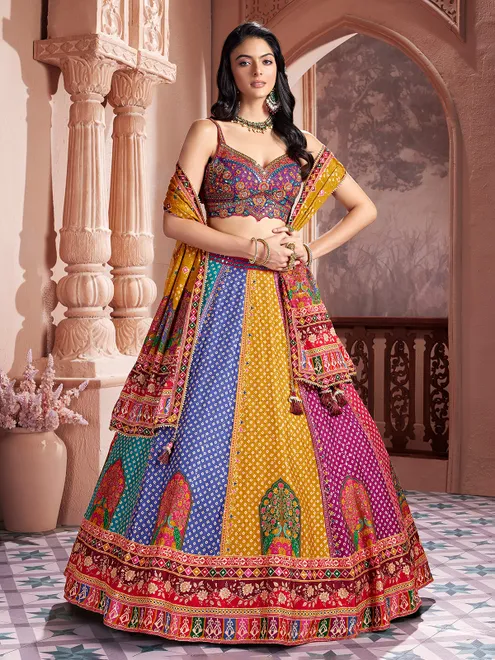 Multicolor bandhej printed silk lehenga choli