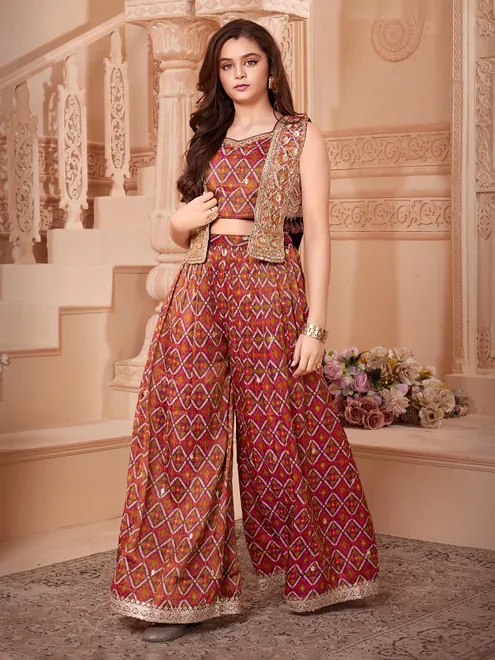 Multicolor cotton silk palazzo suit with jacket
