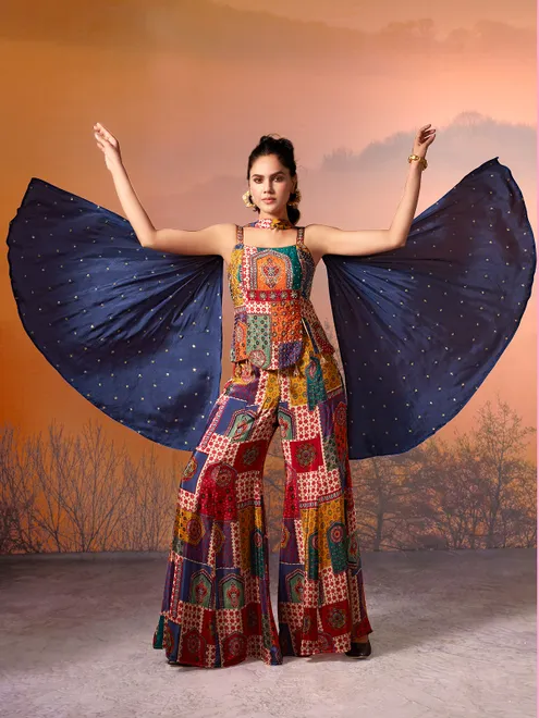 Multicolor crepe silk embellished palazzo suit