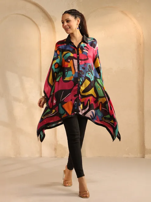 Multicolor crepe silk top with swarowski detailing