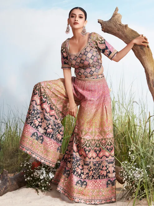 Multicolor elephant motif zari silk palazzo suit