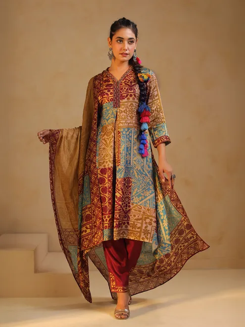 Multicolor festive wear silk salwar suit with print