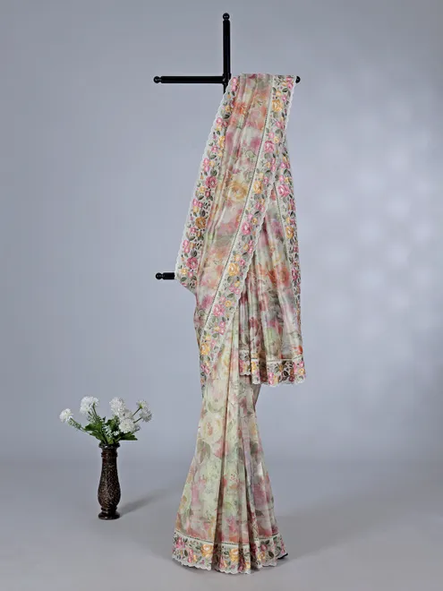 Multicolor floral orgenza saree with zari and embroidery work