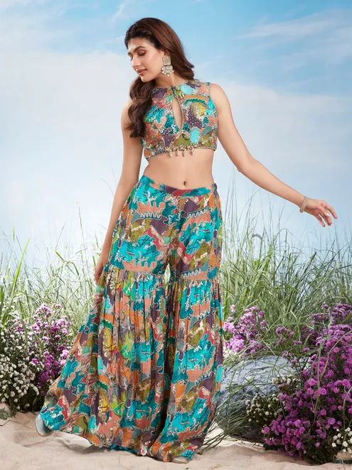 Multicolor mirror work crepe silk sharara suit