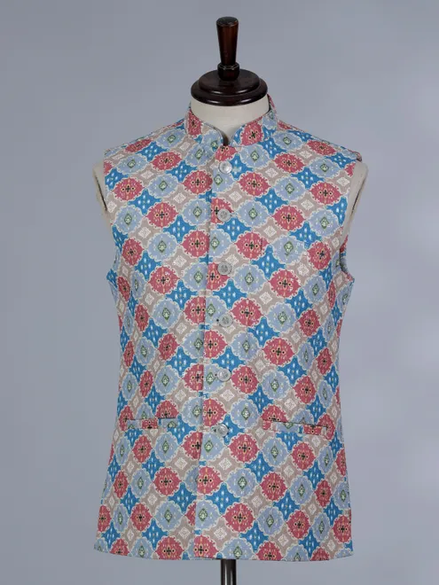 Multicolor printed cotton silk waistcoat with thread and sequins work