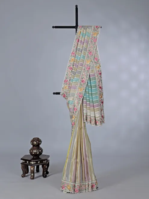 Multicolor printed shimmer dola silk saree with zari highlights