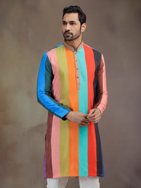 Multicolor printed silk kurta pajama for men