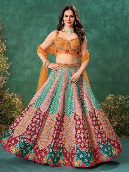Multicolor raw silk wedding wear lehenga choli
