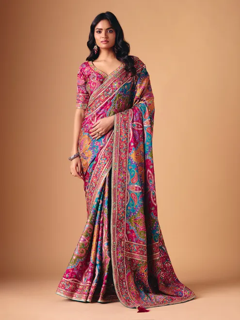 Multicolor semi silk zari work party wear saree
