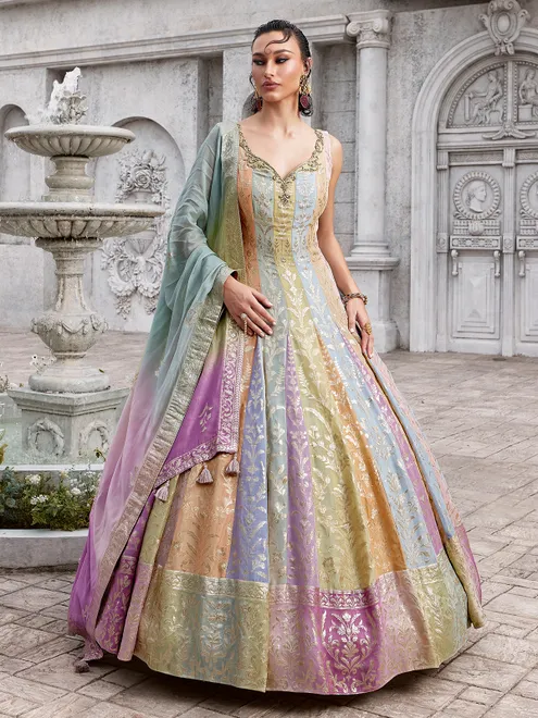 Multicolor silk anarkali suit with zardosi and cutdana glow