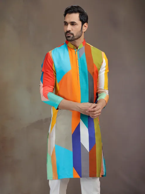 Multicolor silk kurta pajam for festive celebration