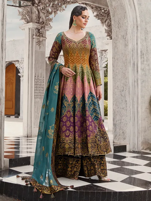 Multicolor silk palazzo suit with grand zardosi and cutdana work