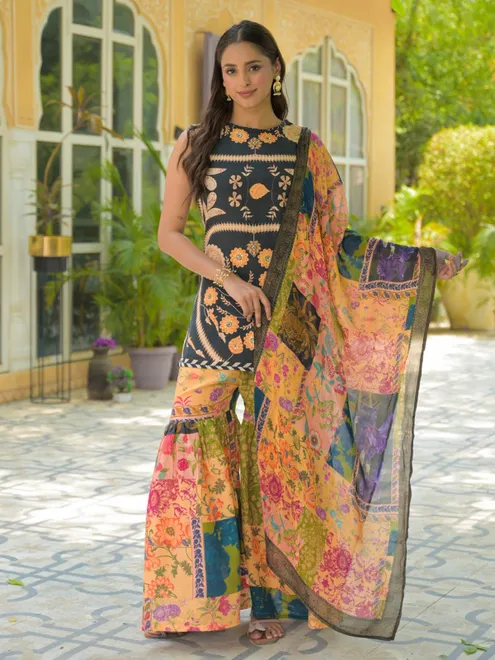 Multicolor silk printed festive sharara set