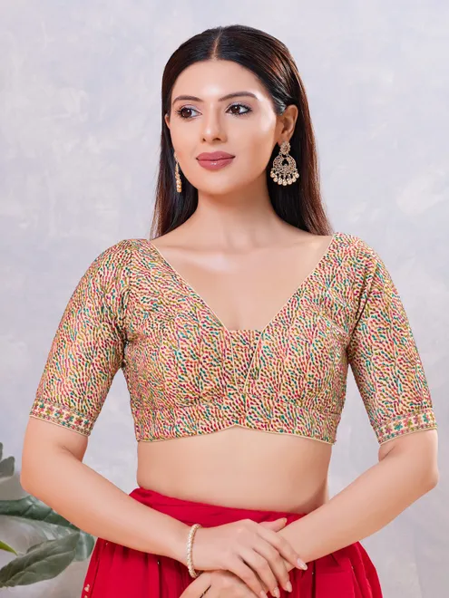 Multicolor silk thread and sequin work V neck blouse