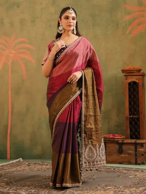 Multicolor tissue silk saree with festive finish