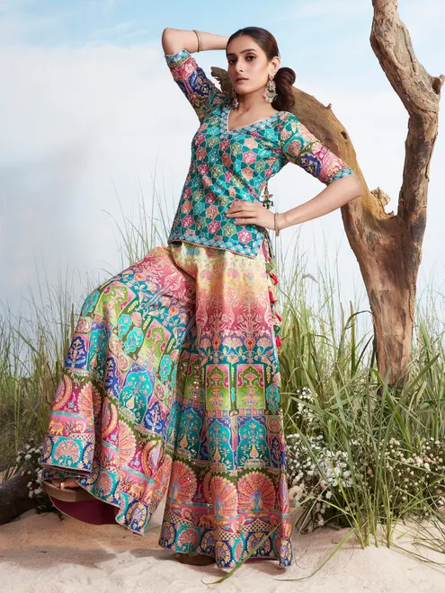 Multicolor traditional print mirror silk palazzo suit
