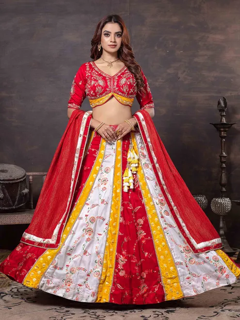 Multicolor zardosi work tissue silk wedding lehenga choli